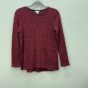J Jill Red Black Floral Knit Long Sleeve Hi Lo Pullover Shirt Top Womens size XS